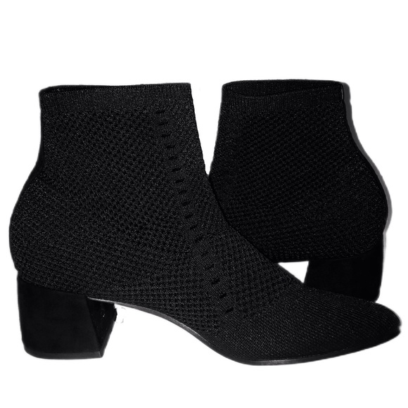 Eileen Fisher Black Purl Pointy Toe Slip-on Ankle Boot 8 Stretch Knit Block Heel - Picture 4 of 13